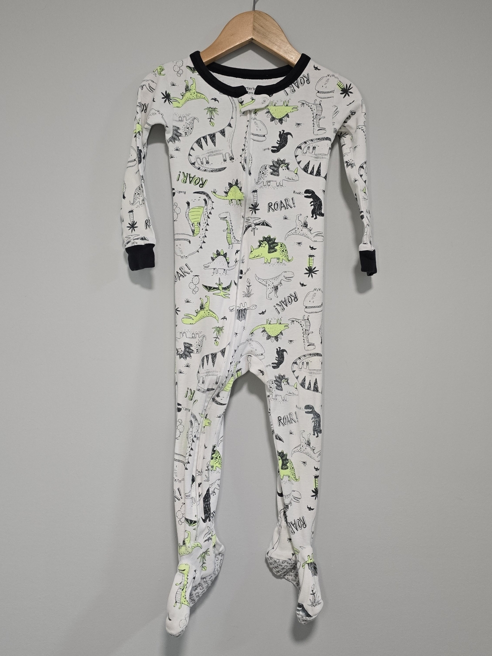 Carter's White Footed Pajamas with Neon Green & Black Dinosaur Zip Up Footies
